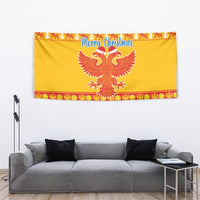 Yellow Christmas tapestry with double-headed eagle, 'Merry Christmas' text and red border