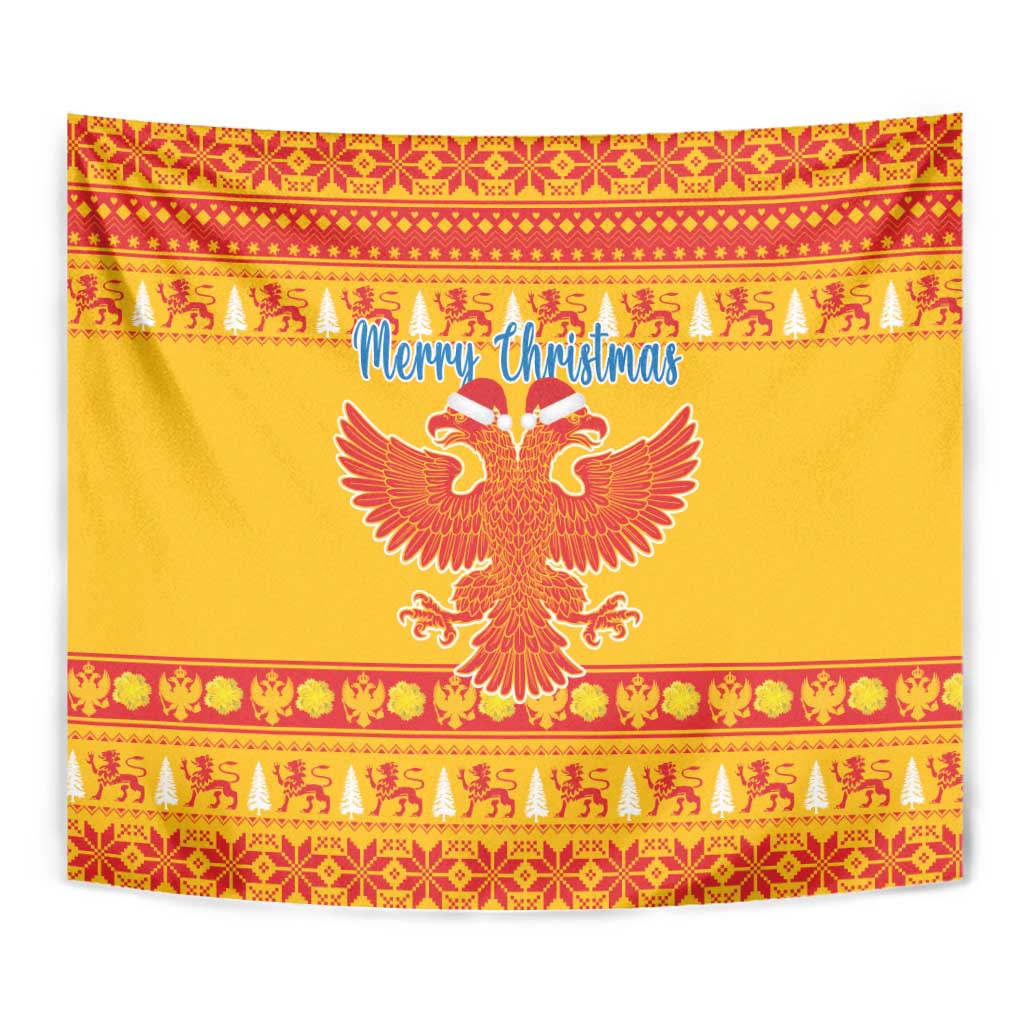 Yellow Christmas tapestry close-up with eagle emblem, 'Merry Christmas' text and red patterned border