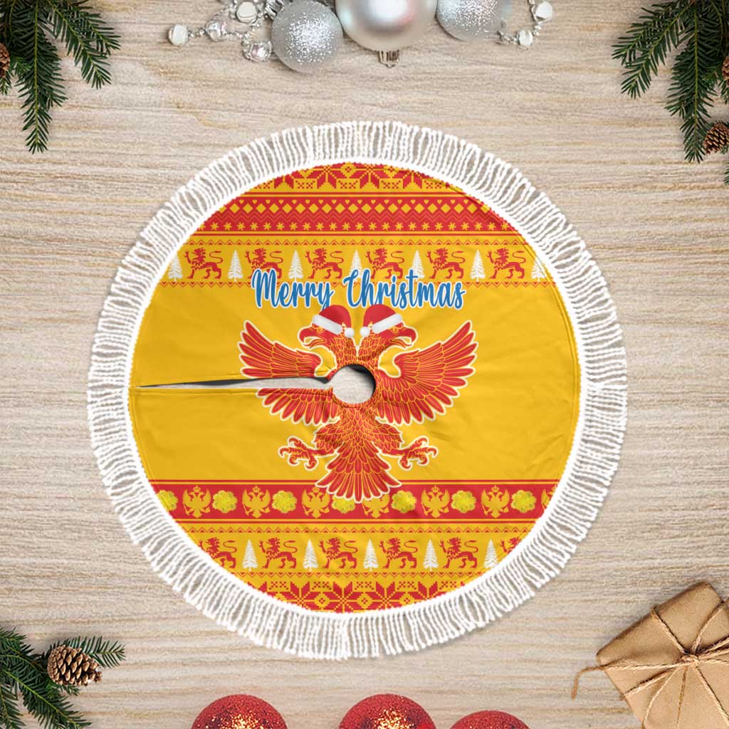 Yellow round tree skirt with Merry Christmas text, eagle graphic, white fringed trim