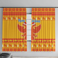 Yellow Christmas window curtains featuring double-headed eagle and red patterned hem