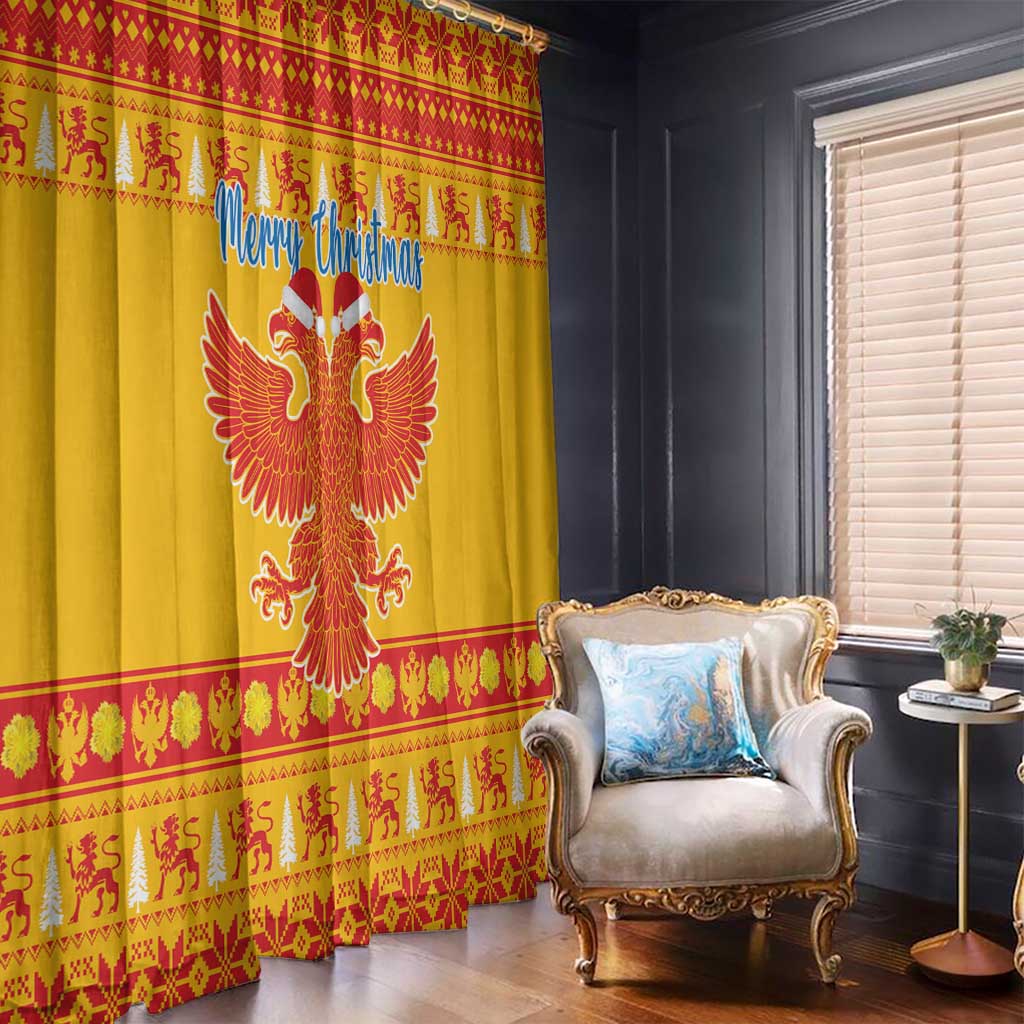 Yellow Christmas curtains with double-headed eagle graphic, red banded border, floor-length