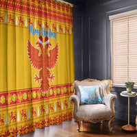 Yellow Christmas curtains with double-headed eagle graphic, red banded border, floor-length