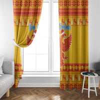 Yellow Christmas curtains with double-headed eagle, red border, and gathered tie-back