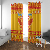 Pair of yellow Christmas curtains with red border, double-headed eagle motif, hanging loops