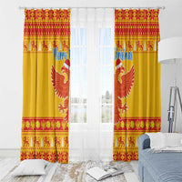Yellow Christmas window curtains with double-headed eagle, red border, and hanging grommets