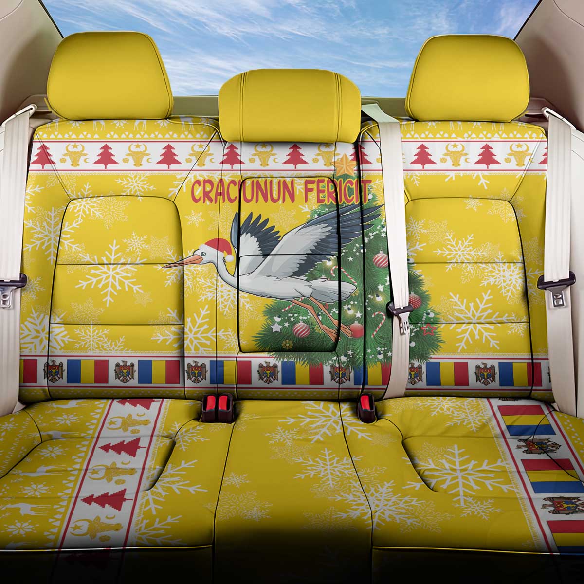 Moldova Christmas Back Car Seat Cover White Stork Santa With Christmas Tree - Wonder Print Shop