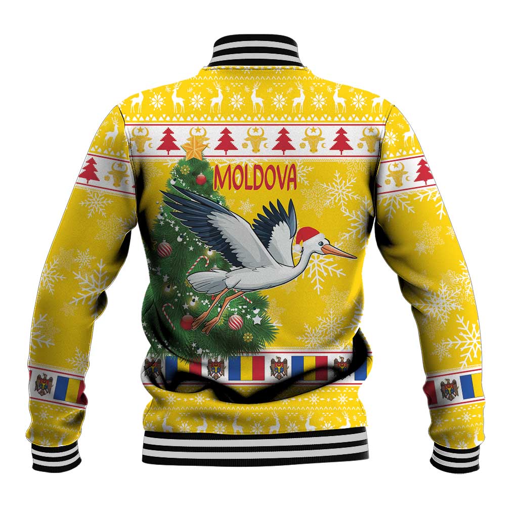Yellow unisex baseball jacket with stork back print and 'MOLDOVA' text, striped ribbed collar
