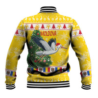 Yellow unisex baseball jacket with stork back print and 'MOLDOVA' text, striped ribbed collar