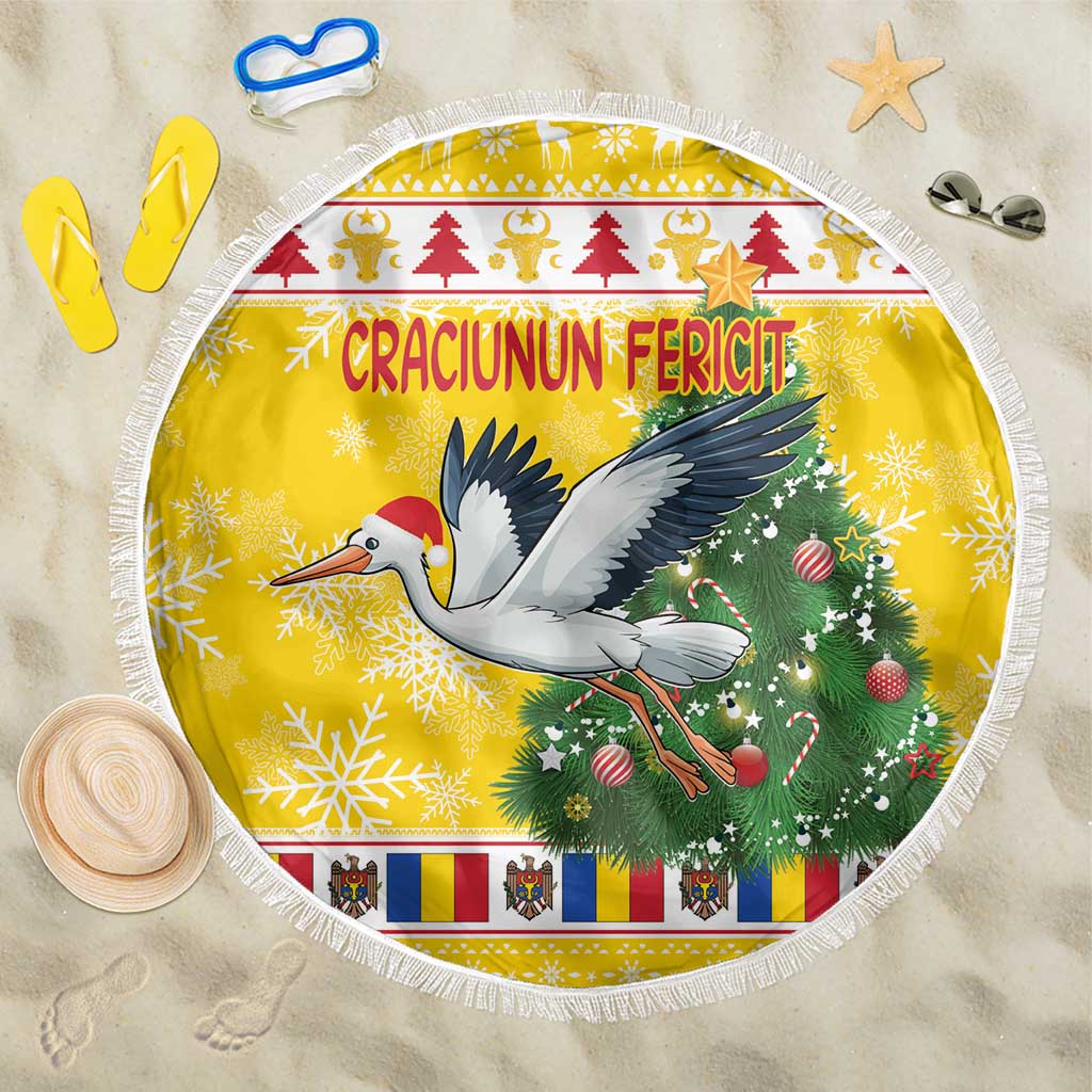 Round Christmas beach blanket, yellow with stork and green tree, white fringe edge