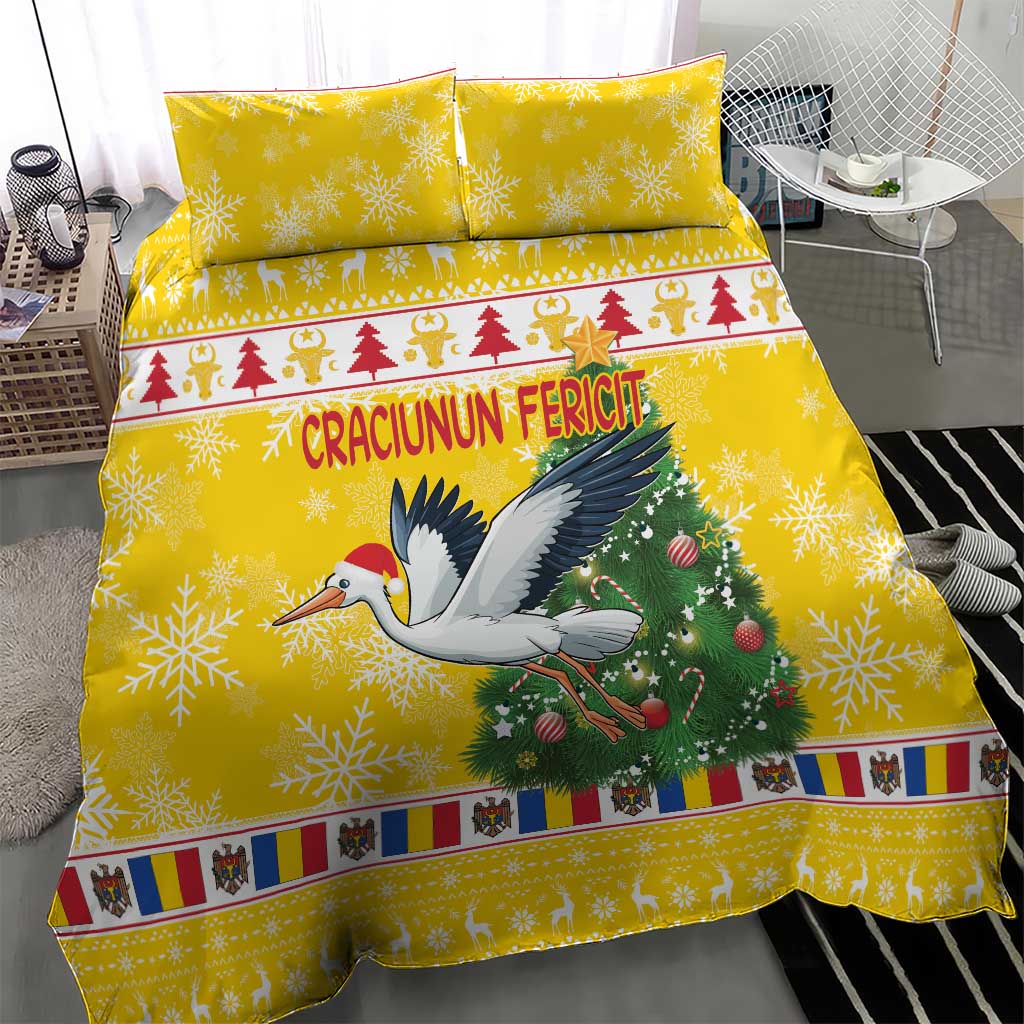 Yellow Christmas bedding set with stork carrying ornaments and red tree graphic