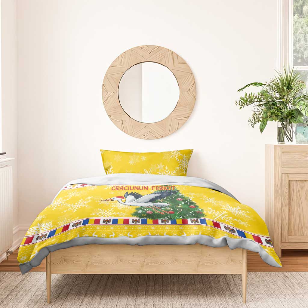 Yellow Christmas bedding set featuring stork, green tree, and matching pillow shams