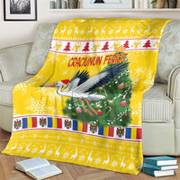Yellow Christmas blanket with stork and pine tree, “Craciunun Fericit” banner