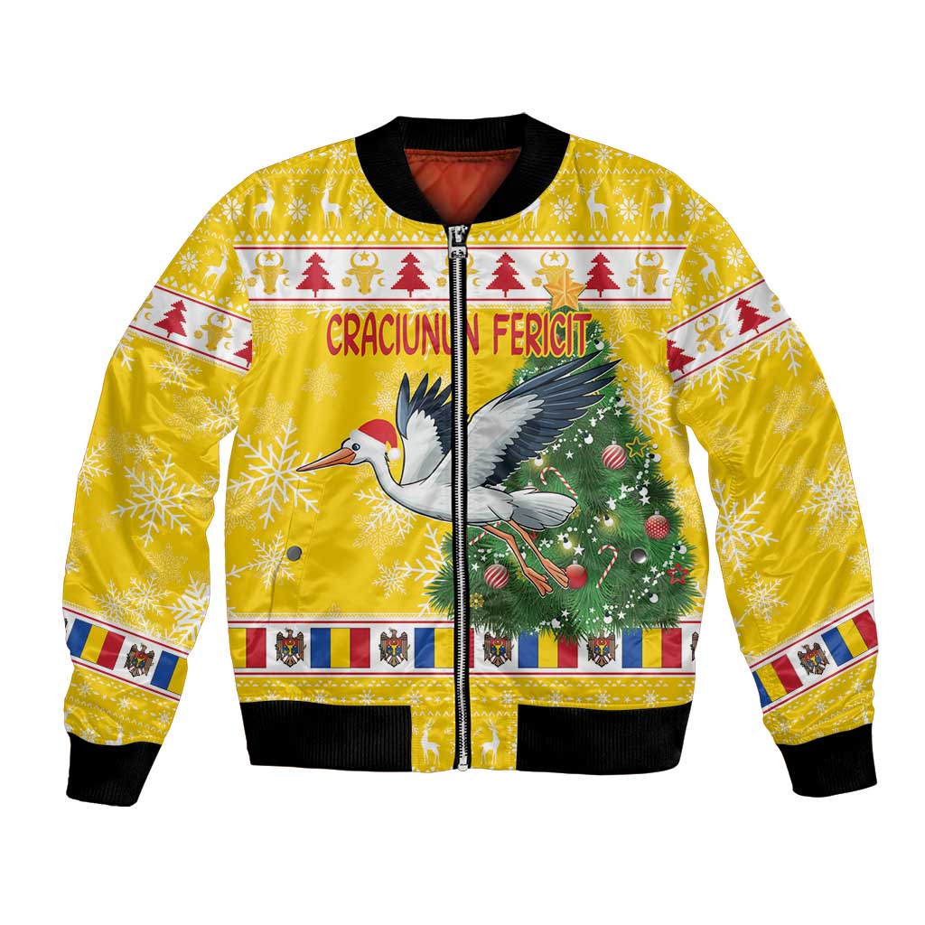 Yellow Christmas bomber jacket with black trim, full-zip, stork and tree graphic