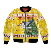 Yellow Christmas bomber jacket with black trim, full-zip, stork and tree graphic
