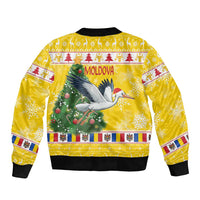 Yellow bomber jacket back with stork over Christmas tree and 'Moldova' print