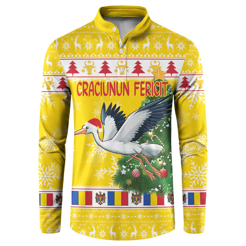 Yellow zip-front sweatshirt with stork, Christmas trees, and "Craciunun Fericit" graphic