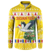 Yellow zip-front sweatshirt with stork, Christmas trees, and "Craciunun Fericit" graphic