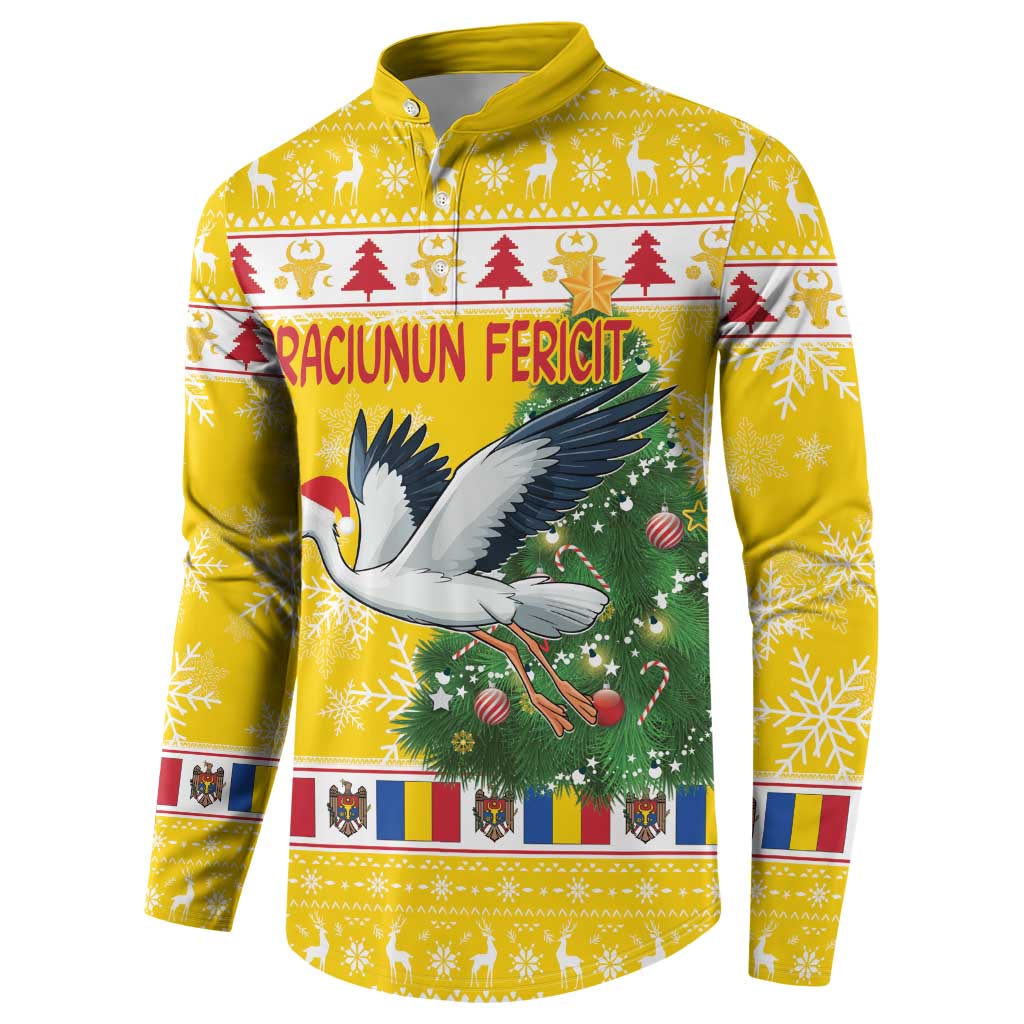 Yellow zip-front sweatshirt with stork over Christmas tree and festive border pattern