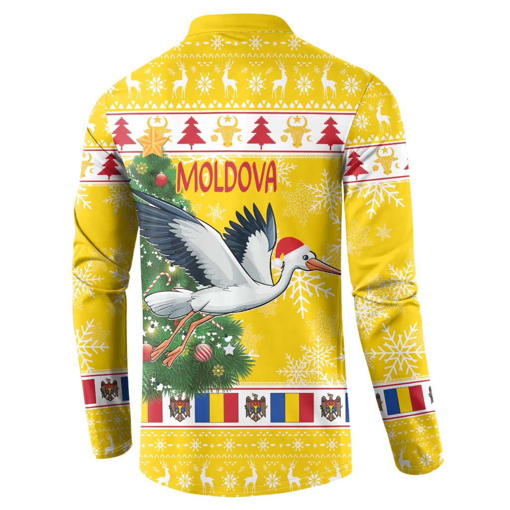 Yellow sweatshirt with back print "Moldova" featuring a stork and Christmas tree scene