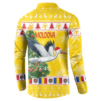 Yellow sweatshirt with back print "Moldova" featuring a stork and Christmas tree scene