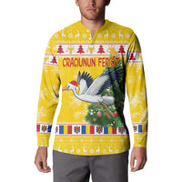 Yellow zip-front sweatshirt with stork over a Christmas tree, long sleeve festive print