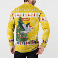 Yellow sweatshirt back with "Moldova" text, stork carrying ornaments and Christmas tree art