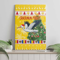 Yellow Christmas canvas wall art with stork, Santa, and decorated Christmas tree