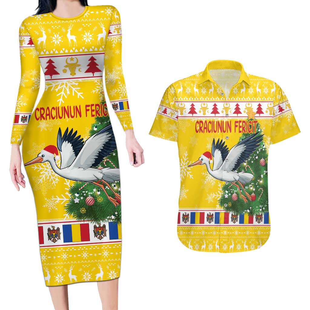 Moldova Christmas Couples Matching Long Sleeve Bodycon Dress and Hawaiian Shirt White Stork Santa With Christmas Tree - Wonder Print Shop