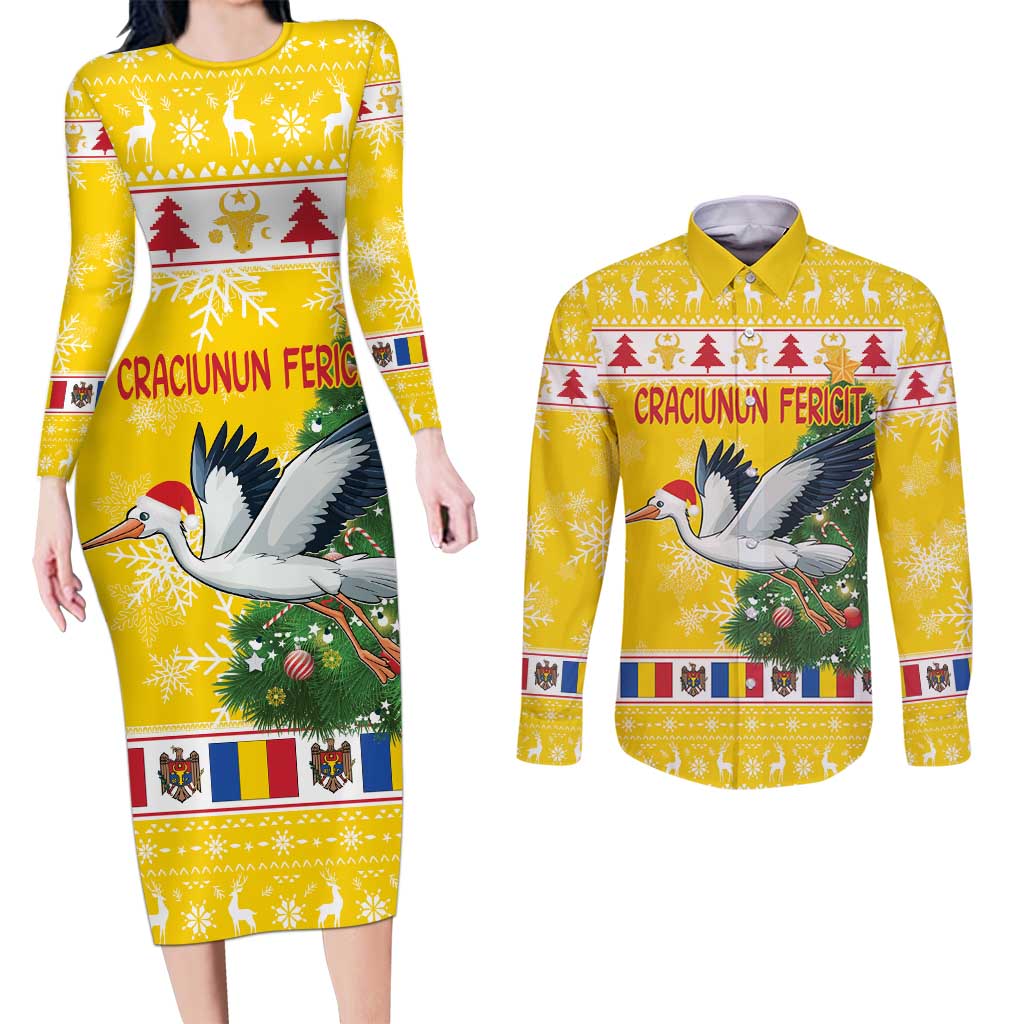 Moldova Christmas Couples Matching Long Sleeve Bodycon Dress and Long Sleeve Button Shirt White Stork Santa With Christmas Tree - Wonder Print Shop