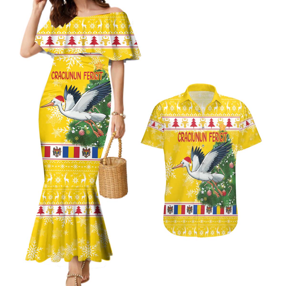 Moldova Christmas Couples Matching Mermaid Dress and Hawaiian Shirt White Stork Santa With Christmas Tree - Wonder Print Shop