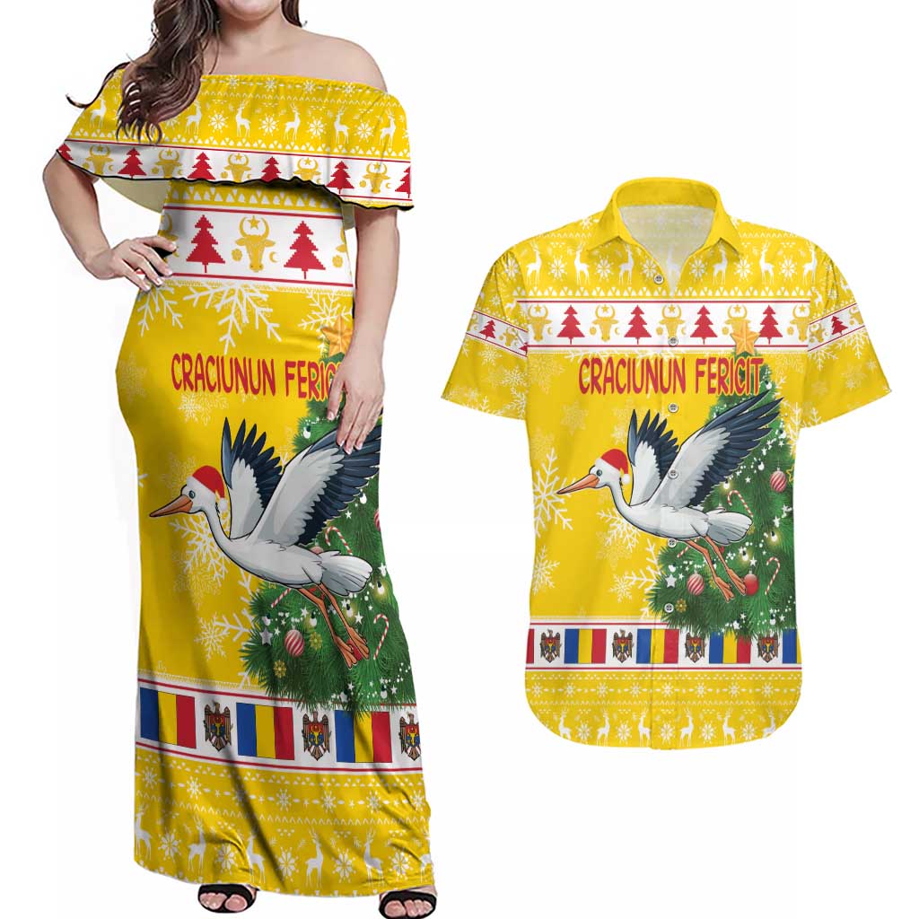 Moldova Christmas Couples Matching Off Shoulder Maxi Dress and Hawaiian Shirt White Stork Santa With Christmas Tree - Wonder Print Shop