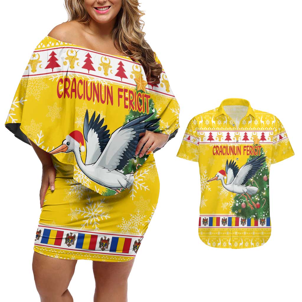 Moldova Christmas Couples Matching Off Shoulder Short Dress and Hawaiian Shirt White Stork Santa With Christmas Tree - Wonder Print Shop