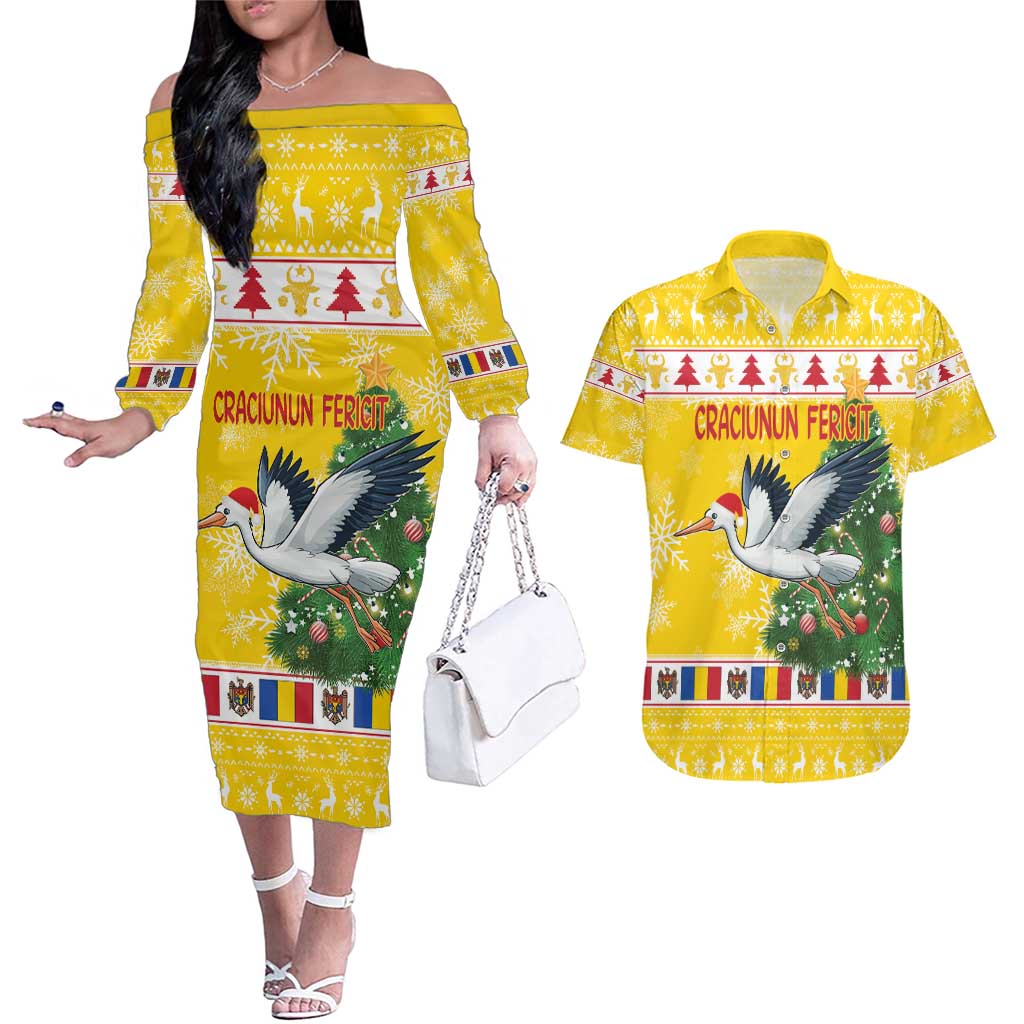 Moldova Christmas Couples Matching Off The Shoulder Long Sleeve Dress and Hawaiian Shirt White Stork Santa With Christmas Tree - Wonder Print Shop