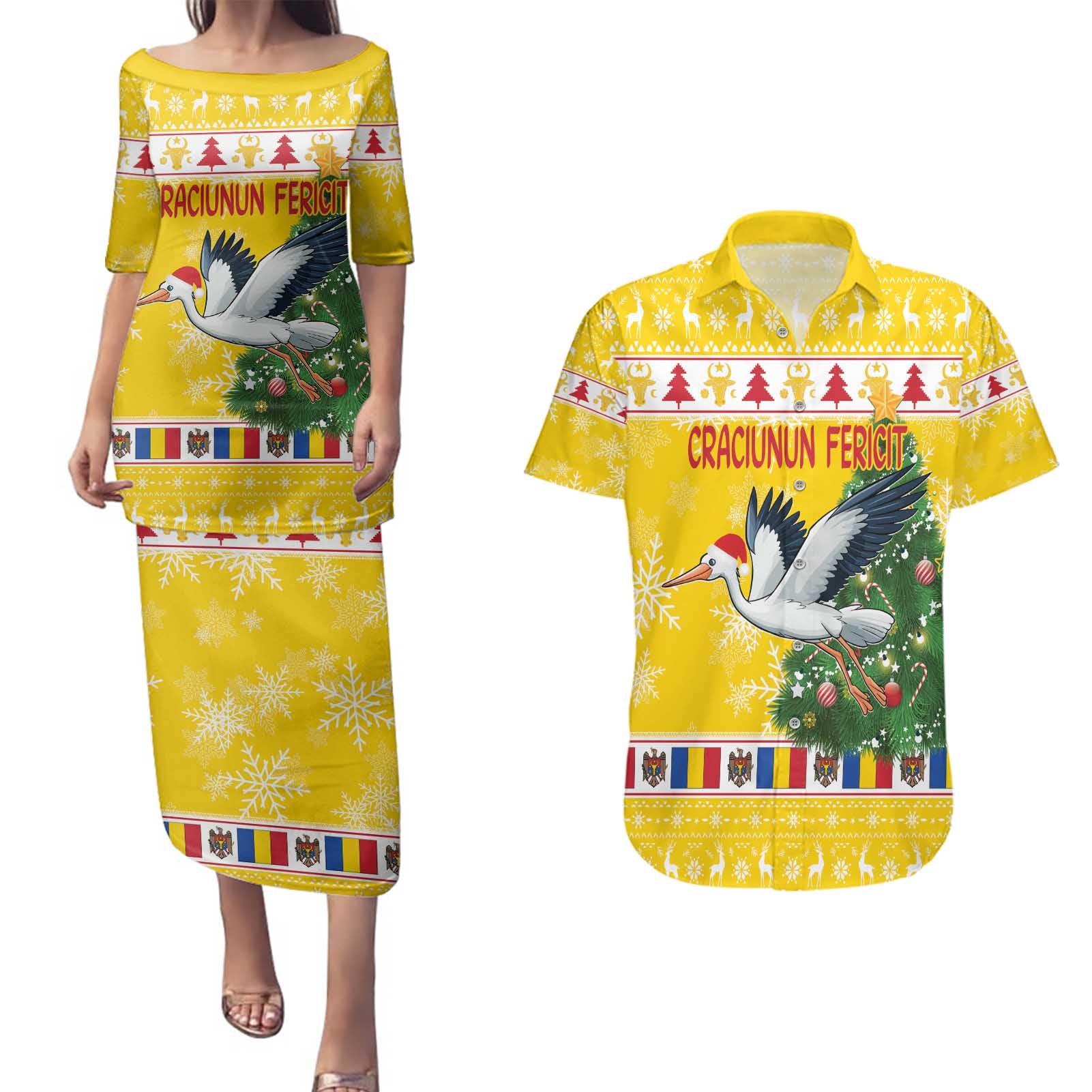 Moldova Christmas Couples Matching Puletasi and Hawaiian Shirt White Stork Santa With Christmas Tree - Wonder Print Shop