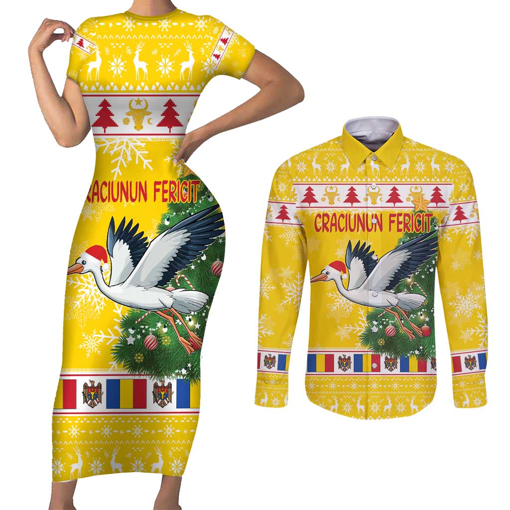 Moldova Christmas Couples Matching Short Sleeve Bodycon Dress and Long Sleeve Button Shirt White Stork Santa With Christmas Tree - Wonder Print Shop