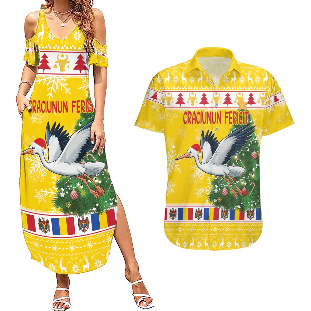 Moldova Christmas Couples Matching Summer Maxi Dress and Hawaiian Shirt White Stork Santa With Christmas Tree - Wonder Print Shop