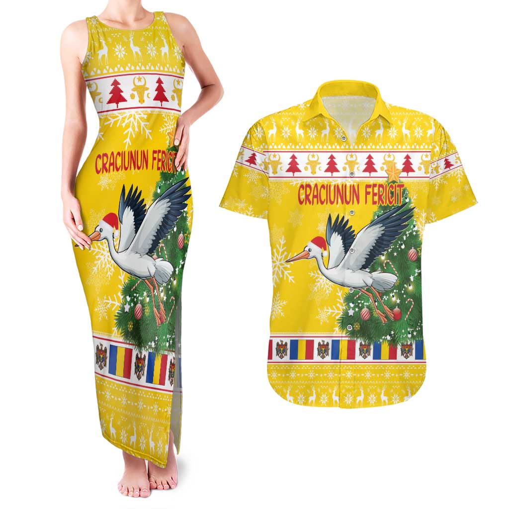 Moldova Christmas Couples Matching Tank Maxi Dress and Hawaiian Shirt White Stork Santa With Christmas Tree - Wonder Print Shop