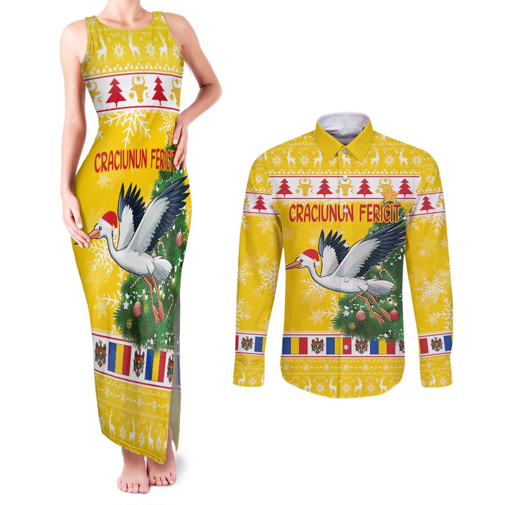 Moldova Christmas Couples Matching Tank Maxi Dress and Long Sleeve Button Shirt White Stork Santa With Christmas Tree - Wonder Print Shop