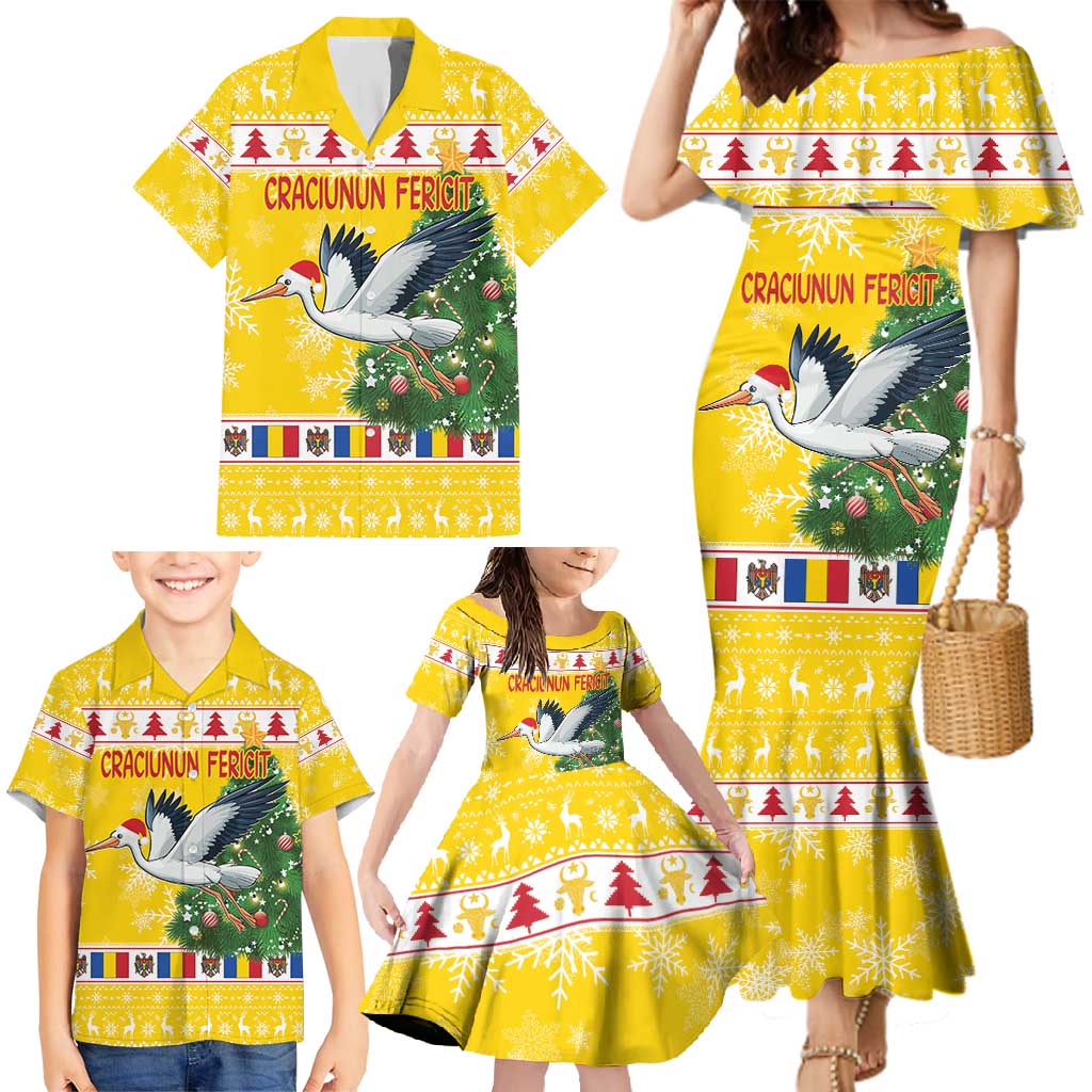 Moldova Christmas Family Matching Mermaid Dress and Hawaiian Shirt White Stork Santa With Christmas Tree - Wonder Print Shop