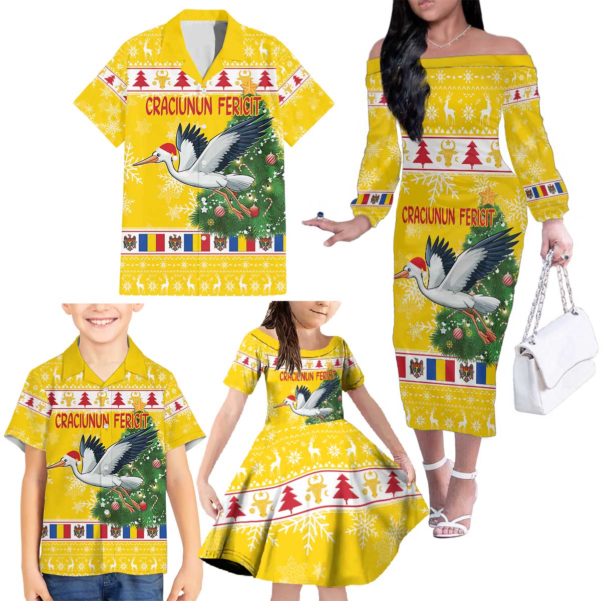 Moldova Christmas Family Matching Off The Shoulder Long Sleeve Dress and Hawaiian Shirt White Stork Santa With Christmas Tree - Wonder Print Shop