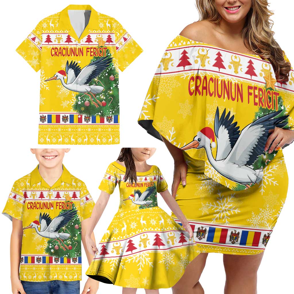 Moldova Christmas Family Matching Off Shoulder Short Dress and Hawaiian Shirt White Stork Santa With Christmas Tree - Wonder Print Shop