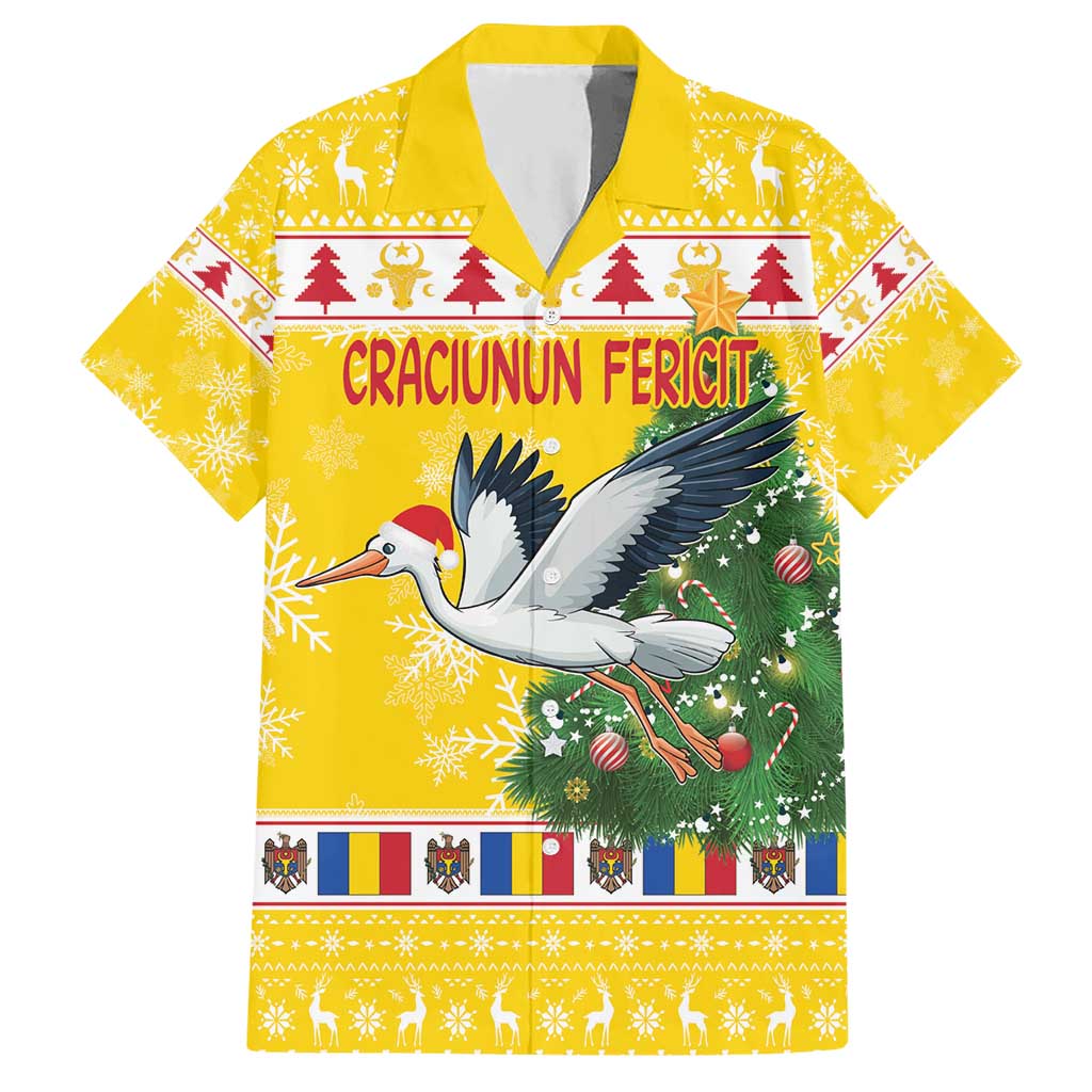 Moldova Christmas Hawaiian Shirt White Stork Santa With Christmas Tree - Wonder Print Shop