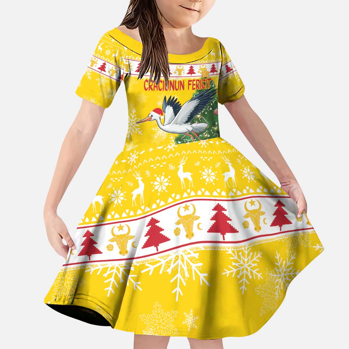 Moldova Christmas Kid Short Sleeve Dress White Stork Santa With Christmas Tree - Wonder Print Shop