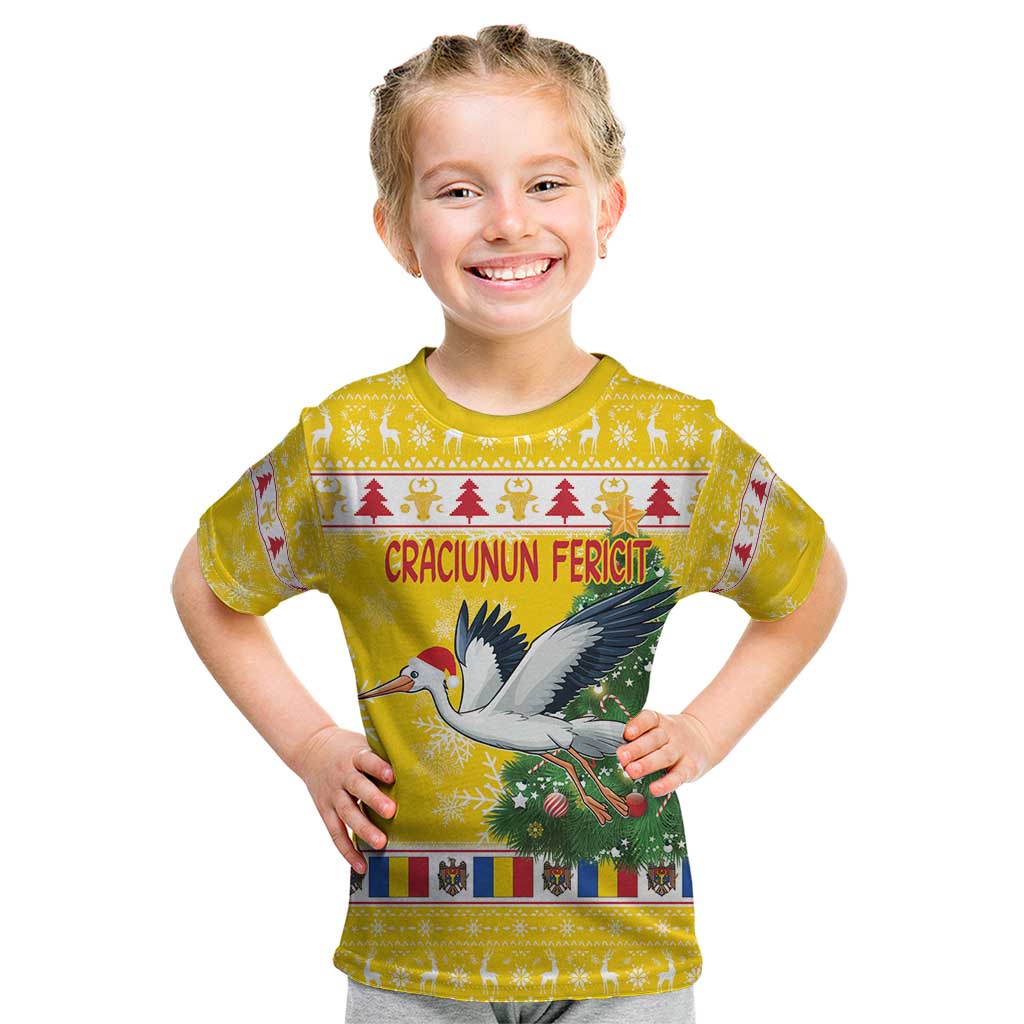 Moldova Christmas Kid T Shirt White Stork Santa With Christmas Tree - Wonder Print Shop