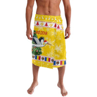 Yellow Christmas wrap skirt with stork and tree print, elastic waistband