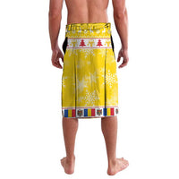 Yellow Christmas wrap skirt, full-length print with trees and border, elastic waistband