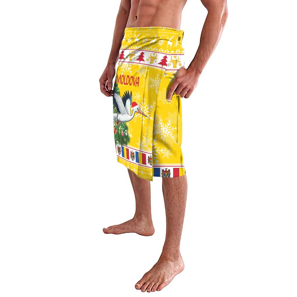 Yellow Christmas wrap skirt with stork and 'Moldova' text print, elastic waistband