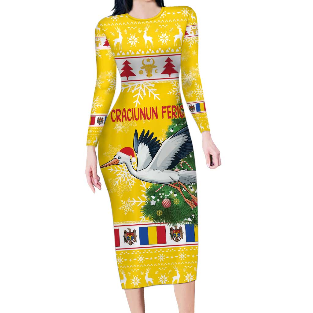 Moldova Christmas Long Sleeve Bodycon Dress White Stork Santa With Christmas Tree - Wonder Print Shop