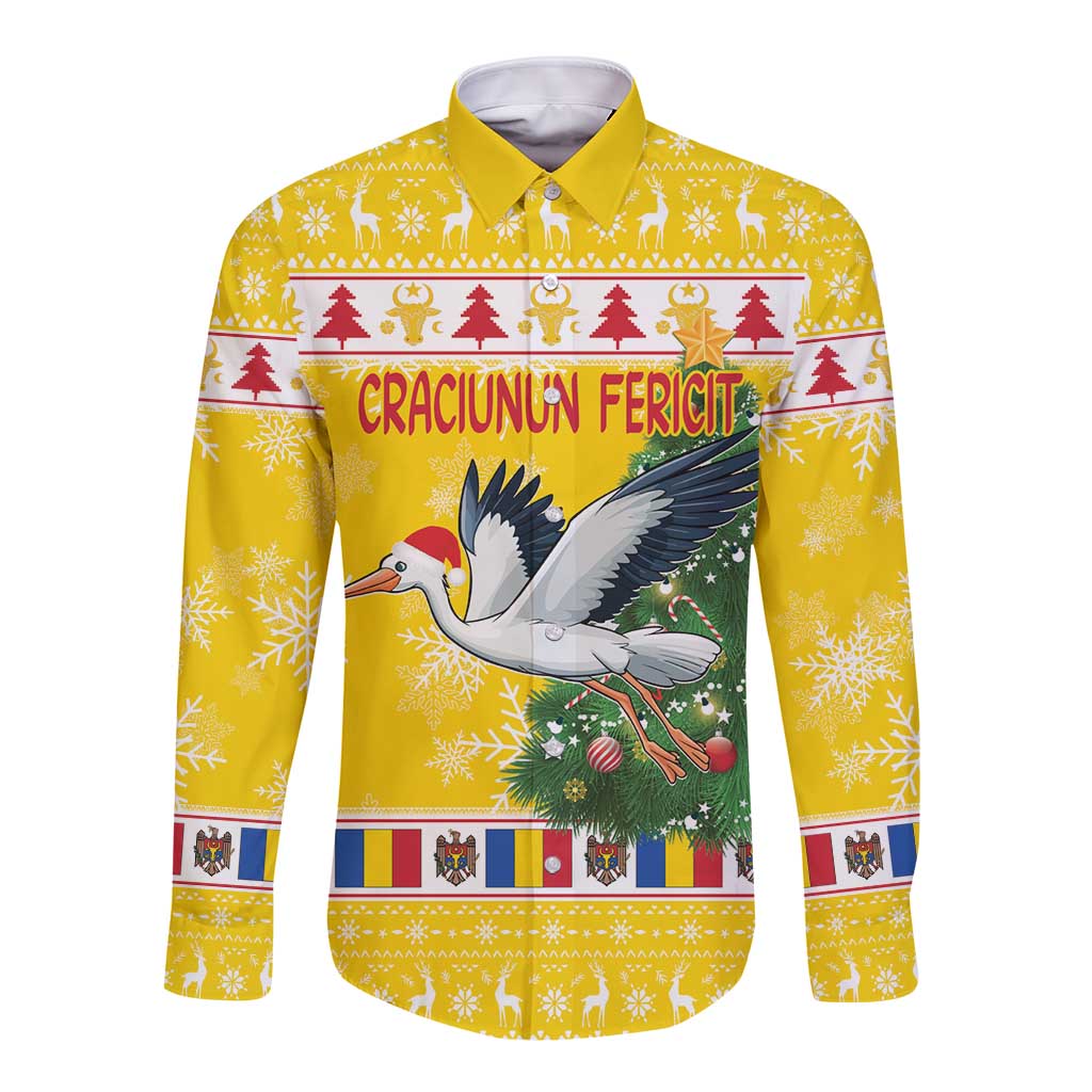 Yellow long-sleeve button shirt with stork holiday graphic and Craciunul Fericit text