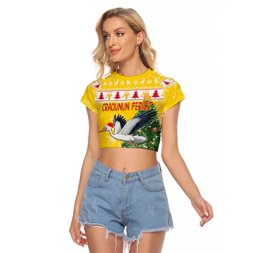 Moldova Christmas Raglan Cropped T Shirt White Stork Santa With Christmas Tree - Wonder Print Shop